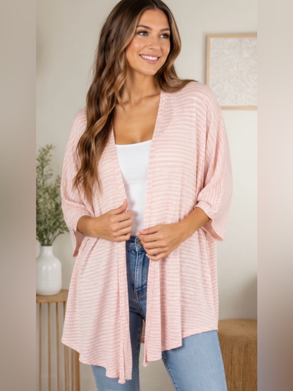 #230 LuLaRoe Lindsay Pink & Cream Striped Open Front Cardigan Size Small